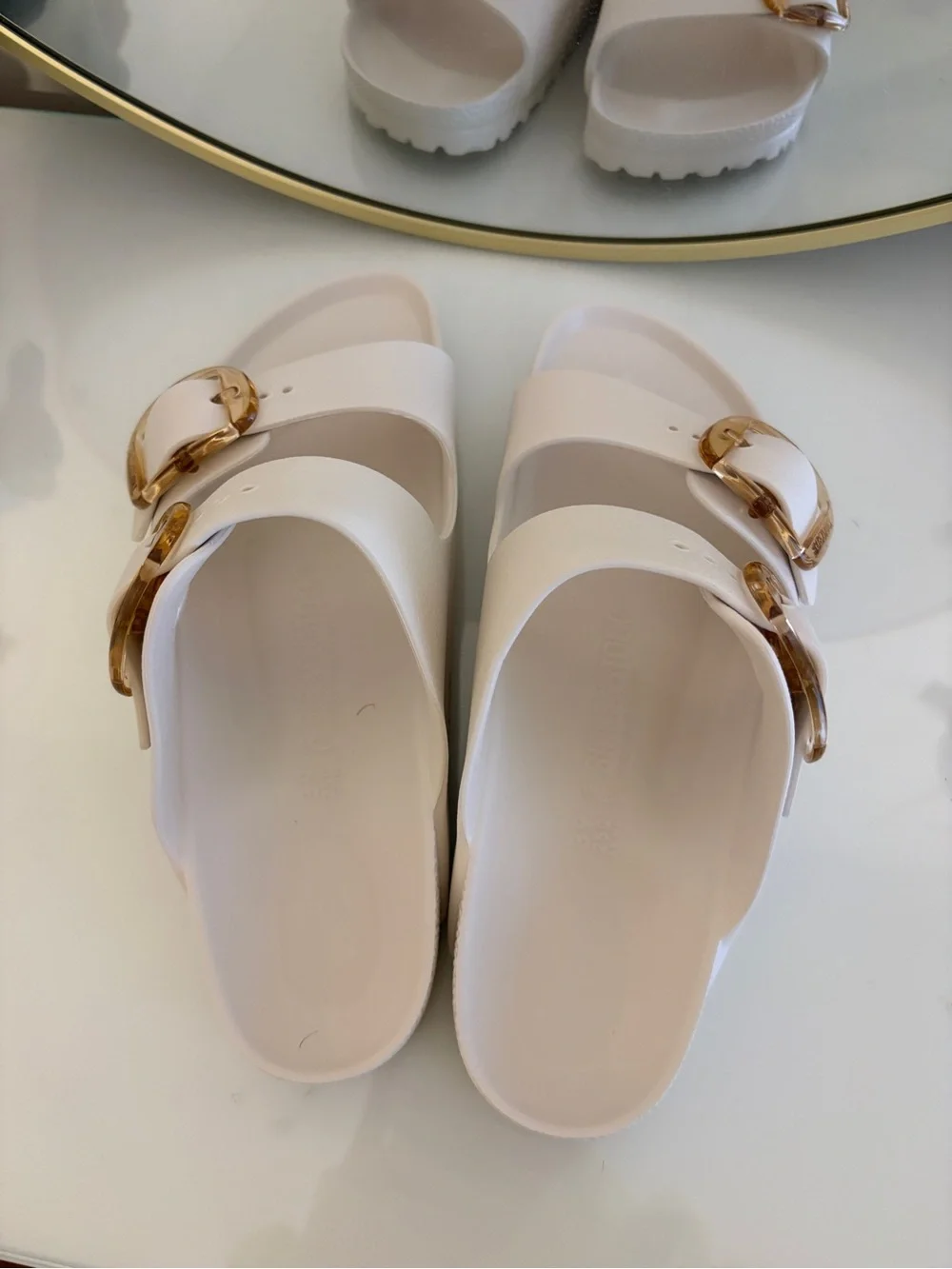 White Birkenstock Double Buckle Slide Sandals with Gold Hardware - Picture 3 of 3